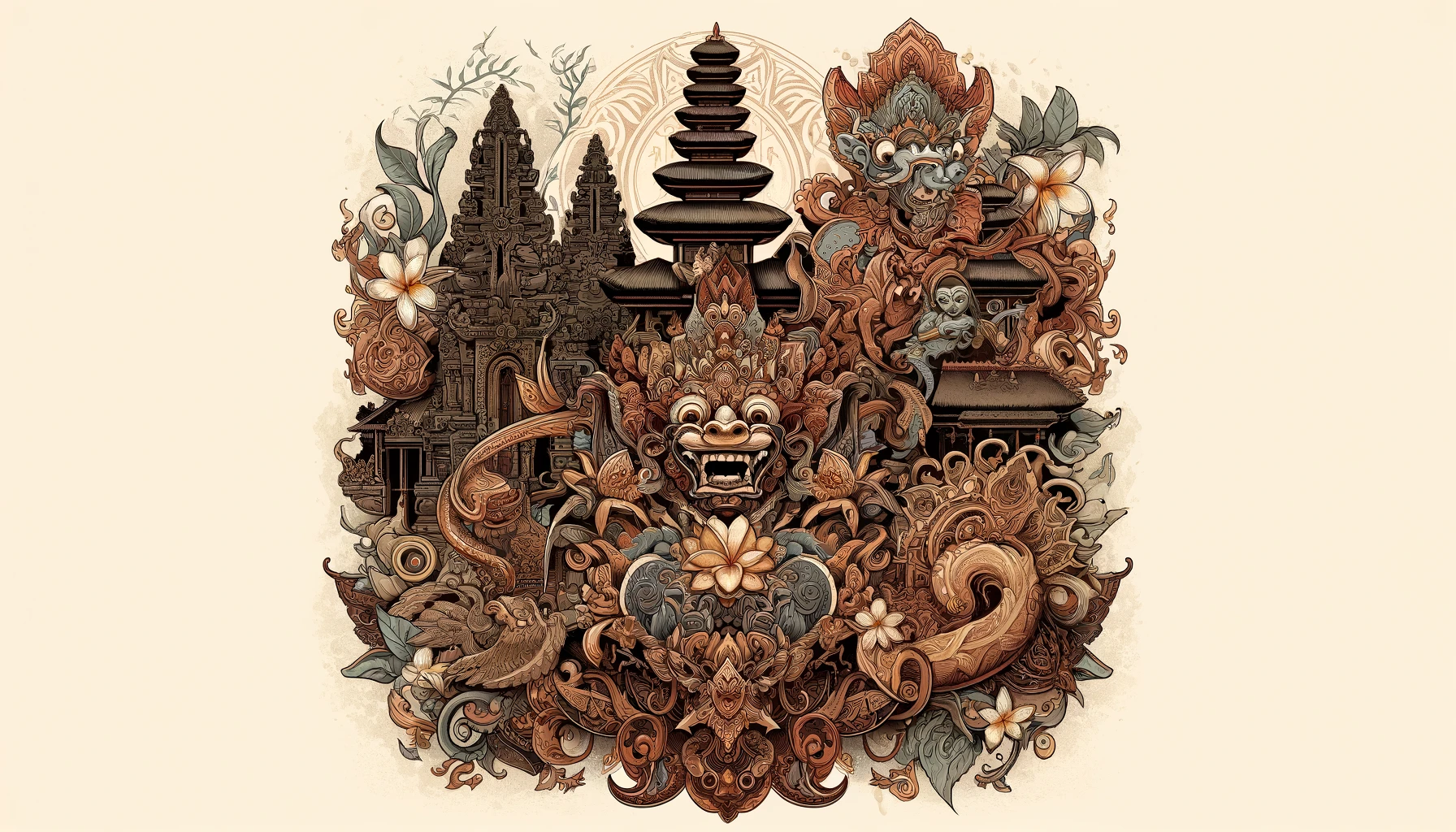 Artistic cover image showcasing the influence of Balinese art and architecture on tattoo designs. The image features intricate tattoo patterns inspired by elements like Balinese temple architecture, mythological figures Barong and Rangda, Wayang Kulit shadow puppets, and floral motifs such as lotus and frangipani.