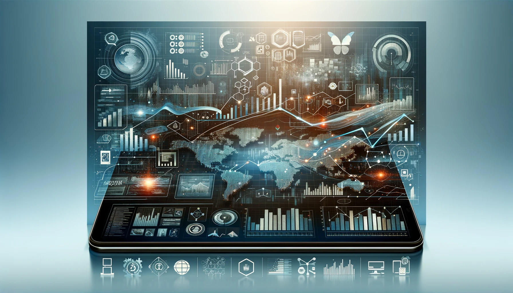 A widescreen digital cover image depicting the transformative role of data analytics in business, with abstract data flow designs, graphs, charts, and digital interfaces in corporate blue and gray tones, highlighting sectors like finance, retail, and technology.